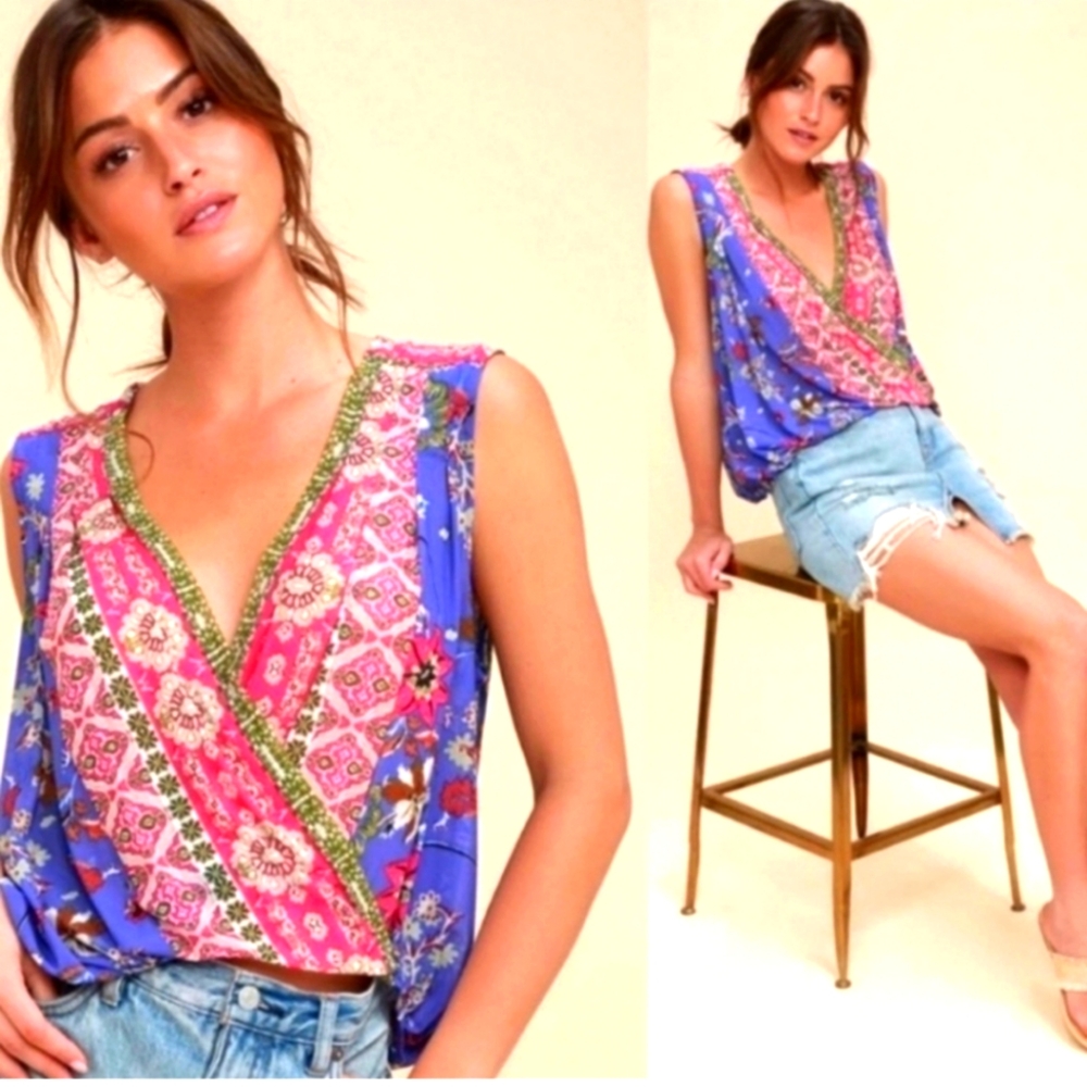 Free People Havana Floral Print Sleeveless Surplice Top